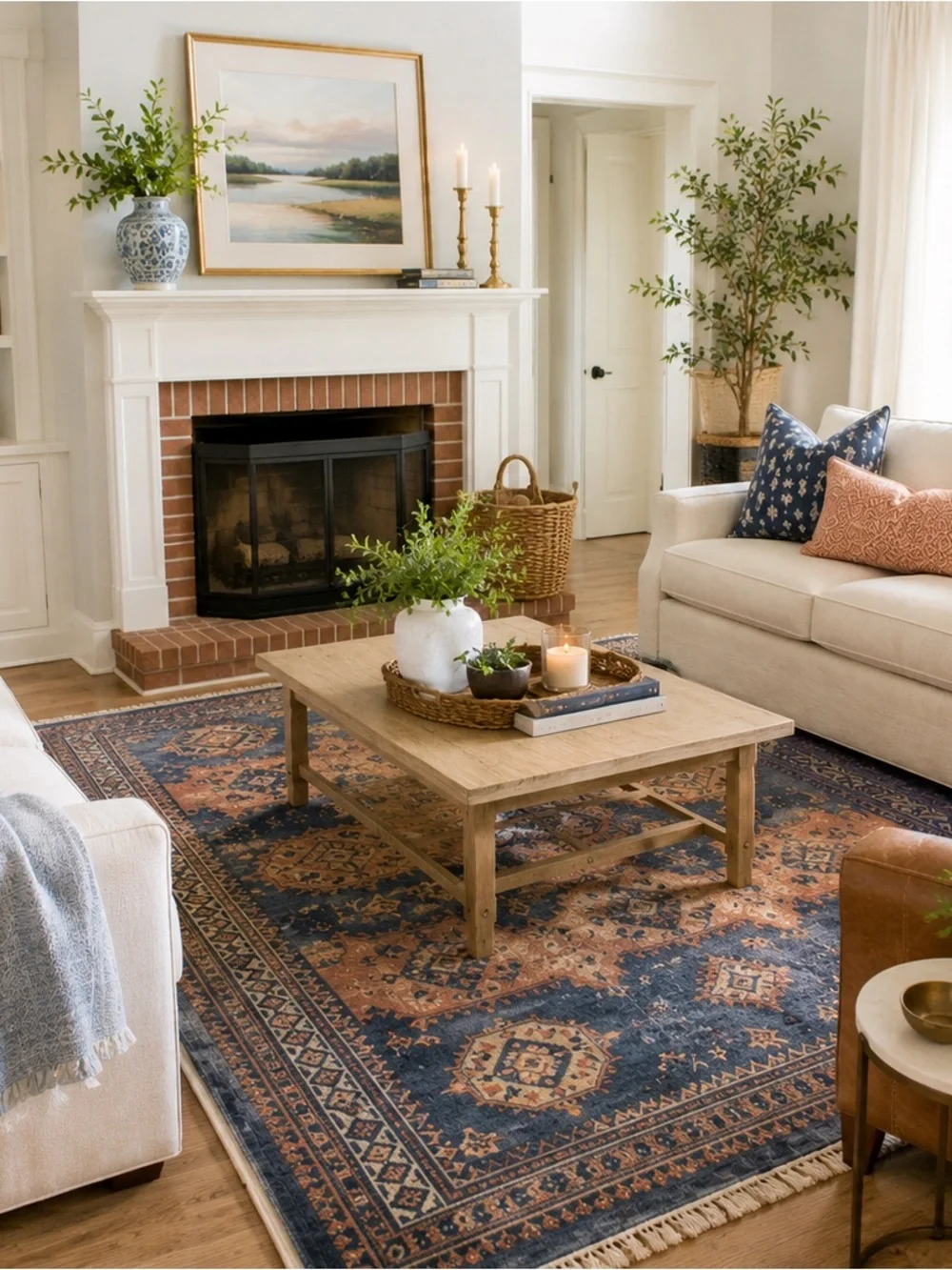 Rustic Blue & Terracotta Medallion Area Rug - Unbranded